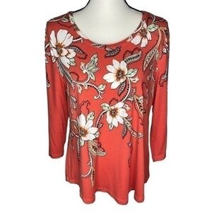 JM Collection Top Floral Print Three Quarter Sleeve Top Size Petite Large